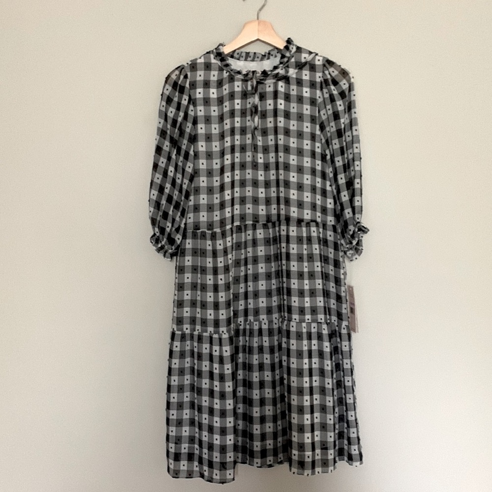3/$30 NANETTE LEPORE Gingham Tie Neck Long Sleeve Dress